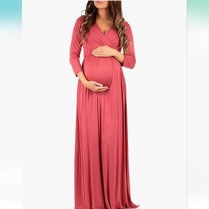 Maternity V-Neck 3/4 Sleeve Ruched Waist Dress
